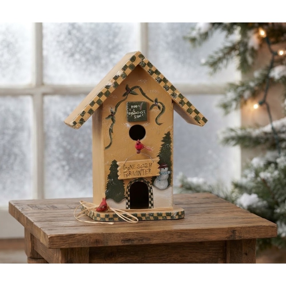 Vtg Hand Painted Wooden Birdhouse Bird & Breakfast Winter Snowman Decor Holiday